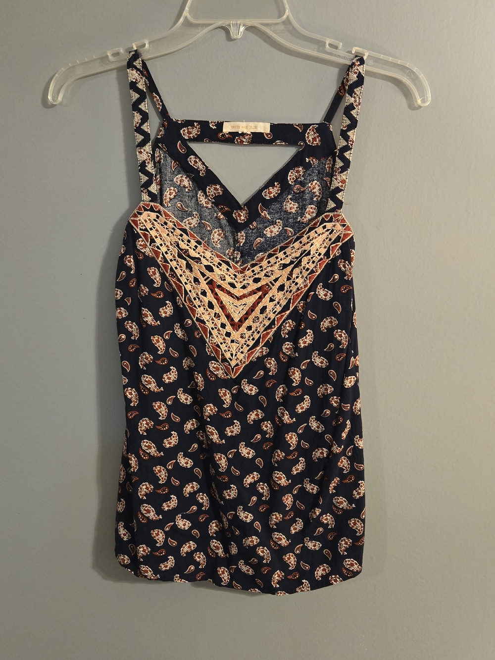 Buckle Navy Paisley Camisole with Cream Crochet V-Panel